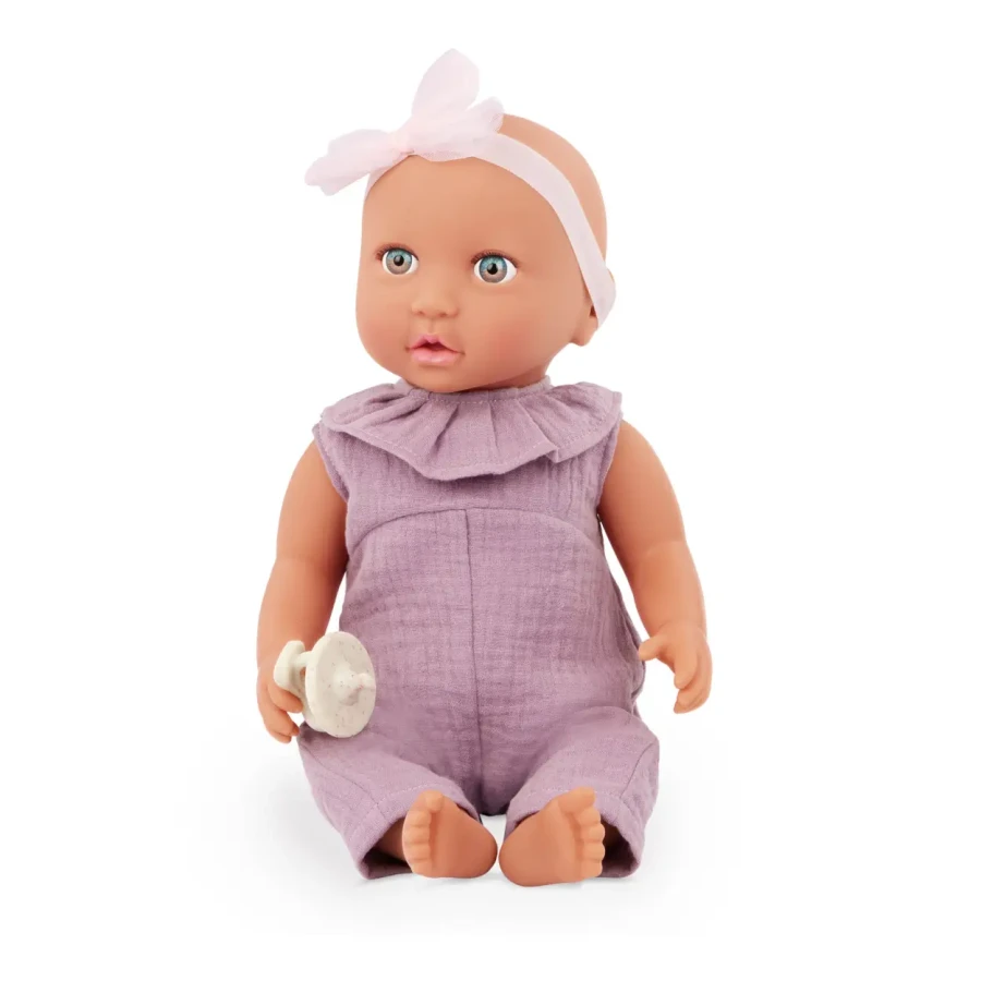 Lalka niemowlę ze smoczkiem, w muślinowym ubranku i opasce, dwubarwne tęczówki / LullaBaby