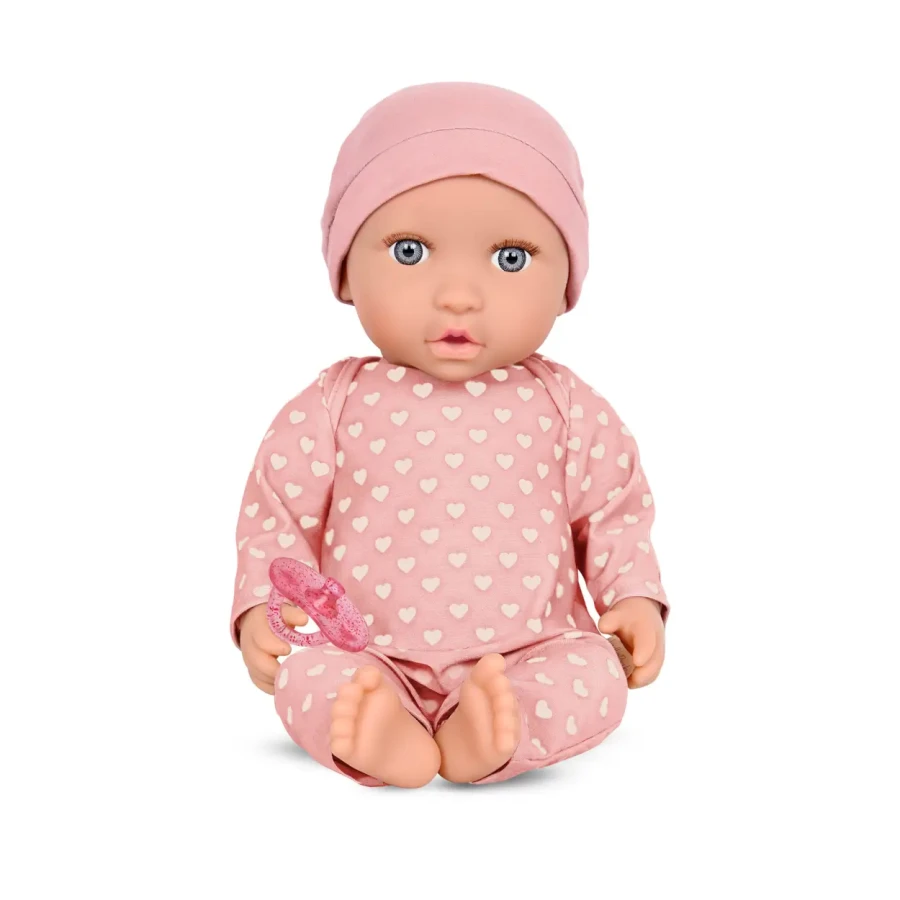 Lalka niemowlę ze smoczkiem, w piżamce w serduszka i czapeczce / LullaBaby