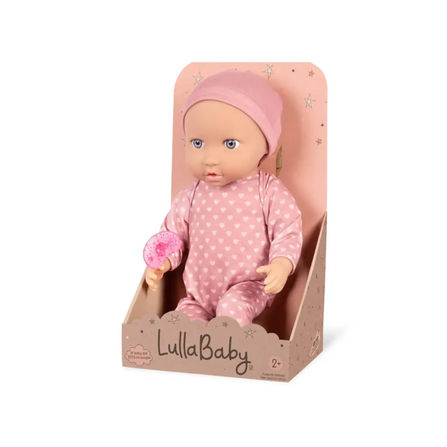 Lalka niemowlę ze smoczkiem, w piżamce w serduszka i czapeczce / LullaBaby