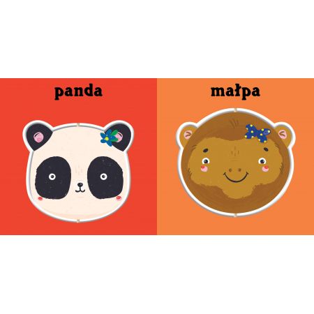 Panda i Małpa - wizerunki prezentujące głowy zwierząt i ich twarze na jednolitym tle w książce