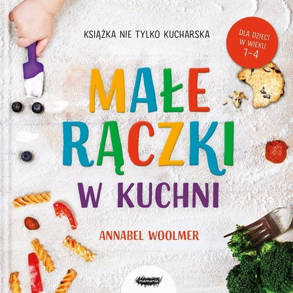 Okładka książki z warzywami, przyborami kuchennymi i małą rączką