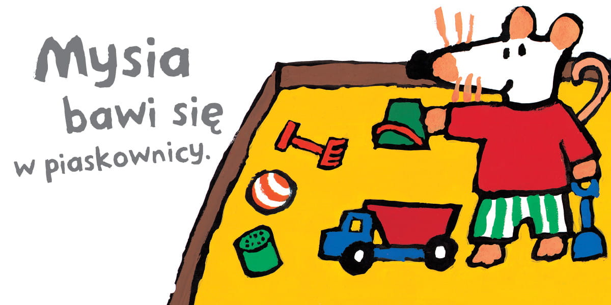 Rozkładówka książki gdzie rysunkowa Mysia bawi się w piaskownicy
